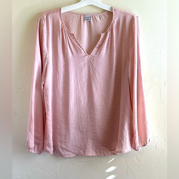 Old Navy Blush Pink V Neck Peasant Boho Long Sleeve Poet Blouse Sz L - Picture 1 of 9